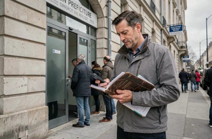 Homme tenant son passeport devant une préfecture française en attendant son rendez-vous