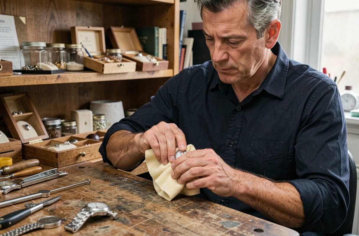 Uomo che mantiene un orologio in argento con una chamoisine in un laboratorio di gioielleria