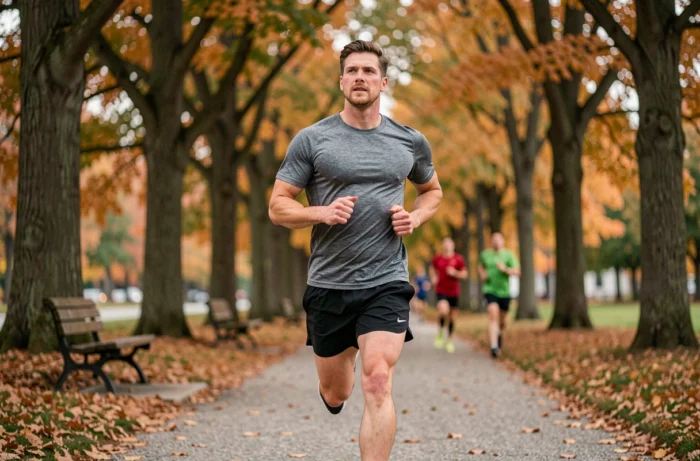 Homme en train de courir dans un parc urbain en automne pour intégrer le fitness dans sa routine quotidienne