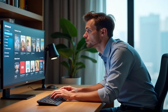 Homme consultant une nouvelle adresse de streaming sur ordinateur dans un bureau minimaliste