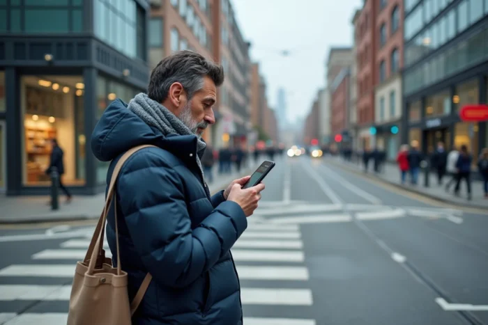 Homme consultant Waze piéton à un carrefour urbain pour optimiser son itinéraire à pied en ville