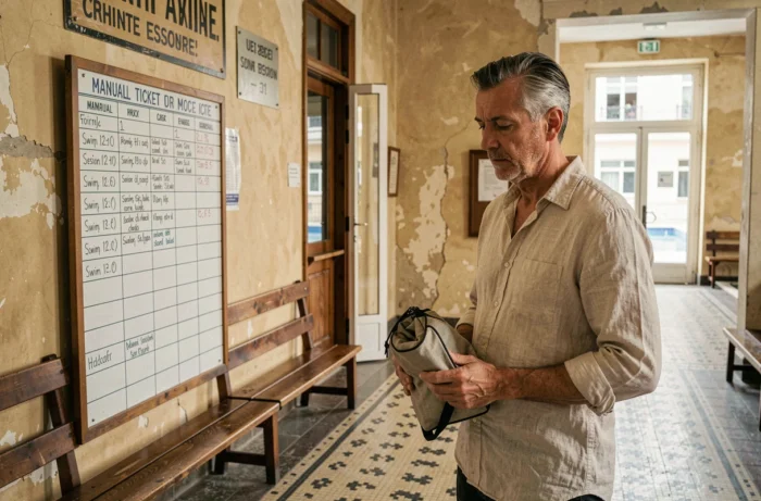 Homme consultant le panneau des horaires d'une piscine municipale parisienne historique à l'entrée, ambiance rétro avec carrelage mosaïque et mobilier en bois