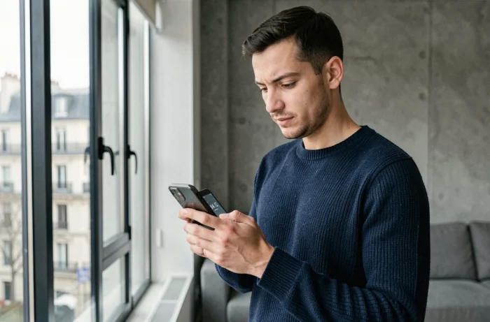Jeune homme consultant son smartphone pour identifier un numéro inconnu commençant par 04 12 dans un appartement moderne