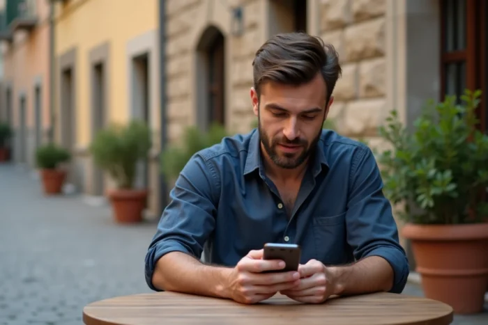 Homme consultant son téléphone pour composer un numéro avec l'indicatif pays +39 dans une piazza italienne
