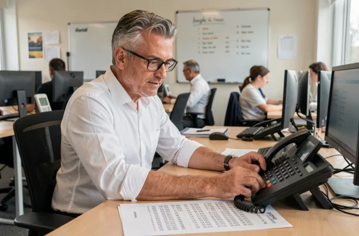 Homme d'affaires en bureau consultant un guide des indicatifs régionaux dont le 04 12 en téléphonant depuis son poste fixe
