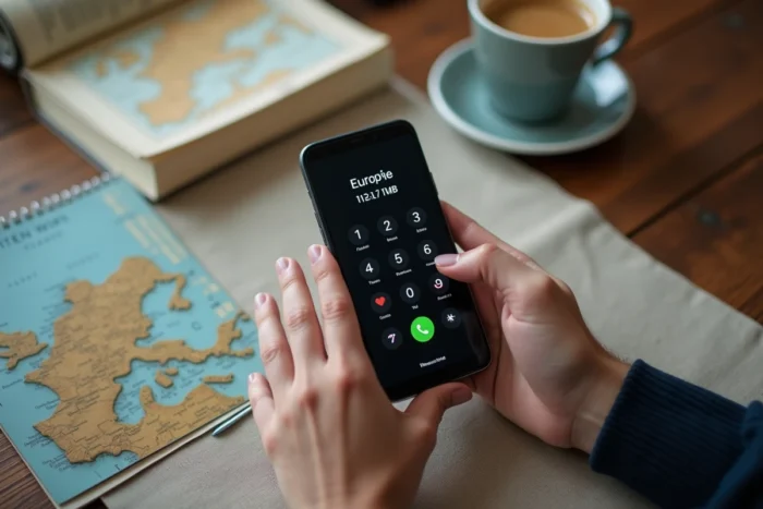 Vue de dessus d'un smartphone affichant l'indicatif téléphonique +39 de l'Italie posé sur un bureau de voyage