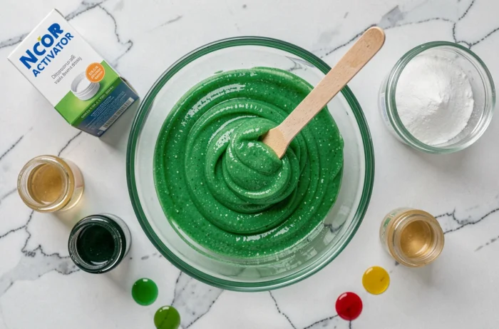 Vue de dessus d'un bol en verre avec du slime vert réussi entouré d'ingrédients pour rattraper un slime trop liquide