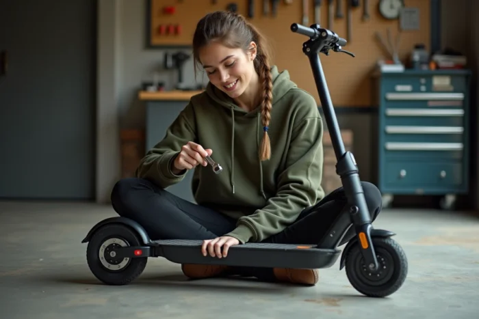 Femme inspectant le mécanisme de pliage d'une trottinette électrique dans un garage