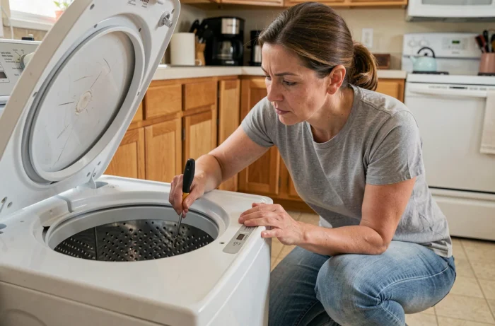 Femme inspectant l'intérieur du tambour d'une machine à laver à chargement par le dessus
