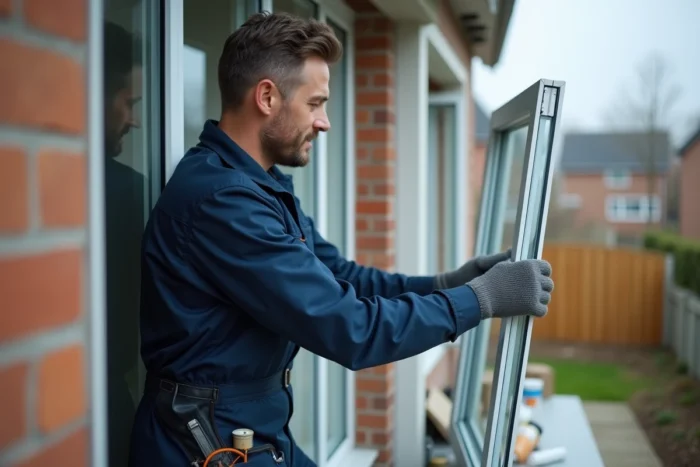 Vitrier professionnel en cours d'installation d'un double vitrage sur une maison individuelle