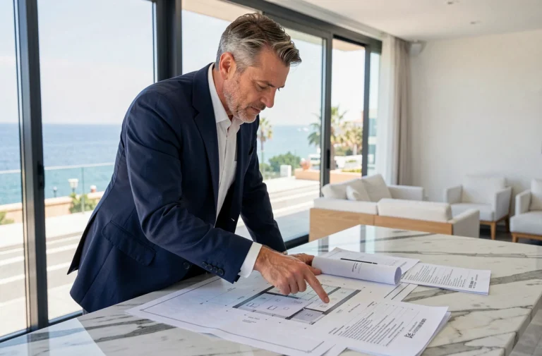 Investisseur immobilier analysant des documents de propriété dans une agence moderne à Cannes avec vue sur la Croisette