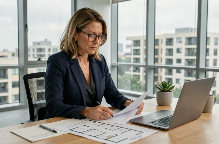 Femme investisseur immobilier analysant des documents de bien locatif dans un bureau moderne avec vue sur des immeubles urbains