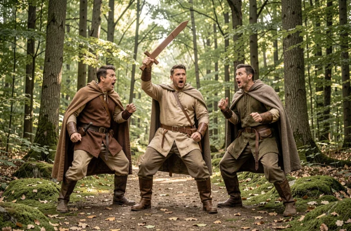 Trois hommes en costumes médiévaux pratiquant le jeu de rôle grandeur nature dans une clairière forestière avec des épées en mousse