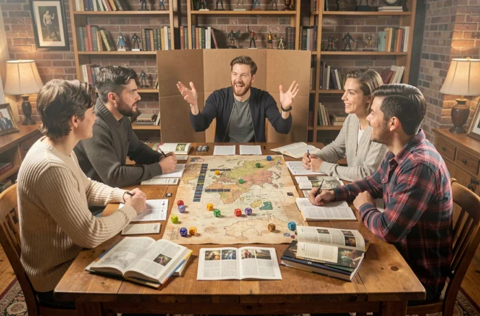 Groupe d'amis adultes jouant à un jeu de rôle sur table autour d'une table en bois couverte de dés, cartes et feuilles de personnage
