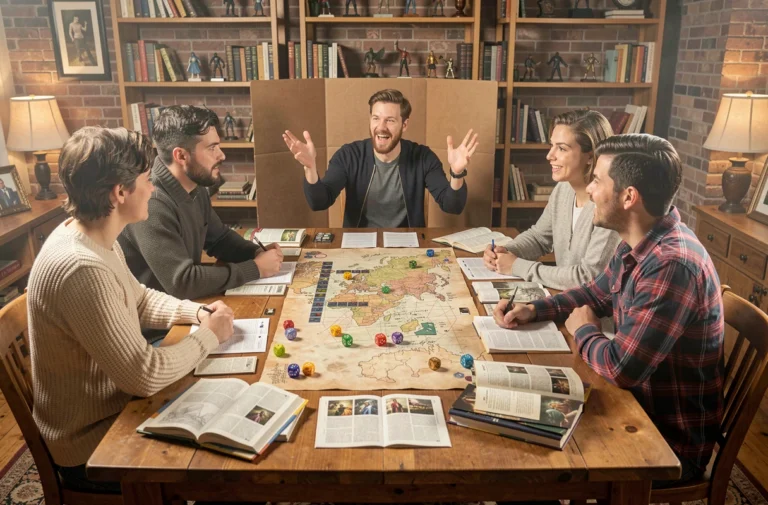Groupe d'amis adultes jouant à un jeu de rôle sur table autour d'une table en bois couverte de dés, cartes et feuilles de personnage