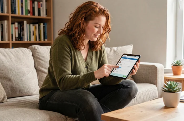 Jeune femme paramétrant son abonnement aux offres France Travail sur tablette dans un salon