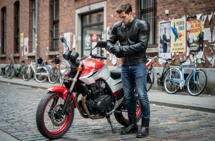 Jeune homme préparant sa moto 125 2 temps en milieu urbain