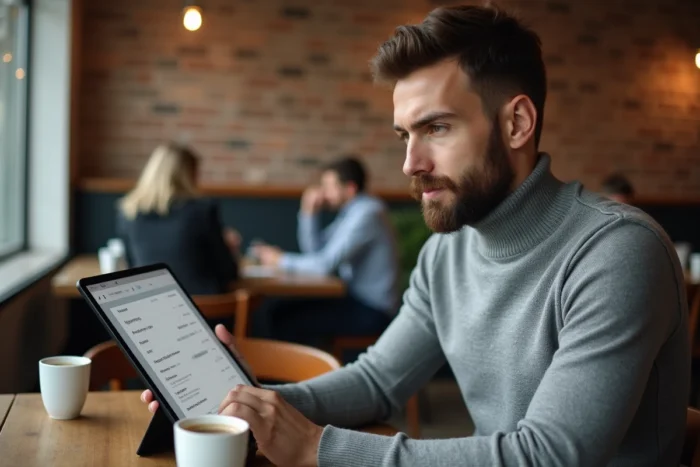 Jeune professionnel consultant un site financier structuré sur une tablette dans un café moderne avec briques apparentes