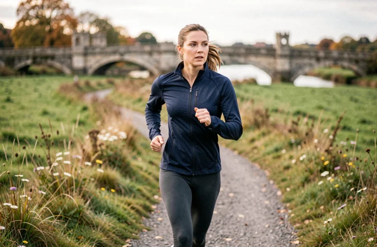 Femme qui fait du jogging le long d'un sentier en bord de rivière dans l'Essex, entourée de prairies verdoyantes et d'un pont en pierre historique