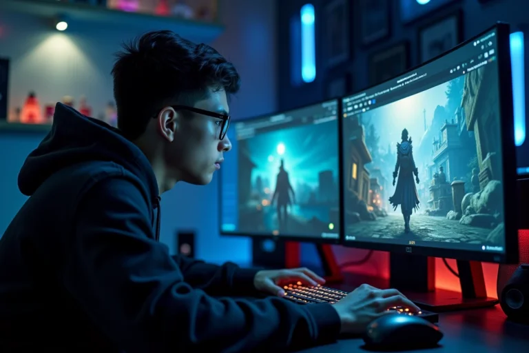 Joueur adulte naviguant sur des alternatives à Veryleak pour le gaming sur un écran incurvé ultrawide