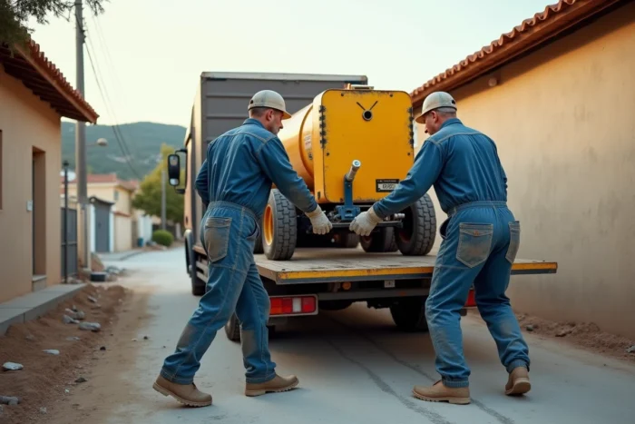 Livraison et déchargement d'une pompe à chape en location sur un chantier résidentiel en périphérie de Nîmes