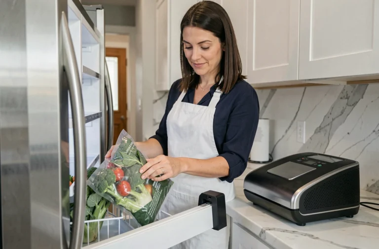 Femme utilisant la Magic Vac Maxima 2 pour conserver des légumes frais sous vide dans une cuisine moderne