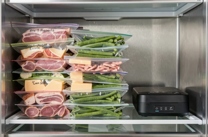 Réfrigérateur organisé avec des aliments conservés sous vide grâce à la Magic Vac Maxima 2 pour une conservation optimale