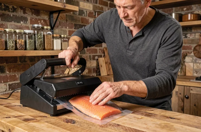 Homme scellant sous vide un filet de saumon frais avec une machine Magic Vac Maxima 2 sur un plan de travail en bois