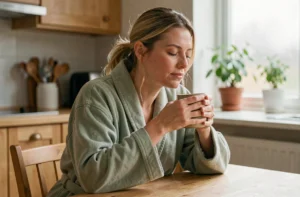 Maman prenant soin d'elle le matin en savourant un café chaud dans sa cuisine, moment de calme et de bien-être au quotidien