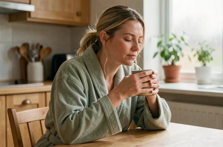 Maman prenant soin d'elle le matin en savourant un café chaud dans sa cuisine, moment de calme et de bien-être au quotidien