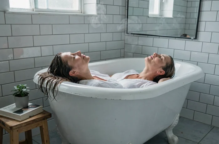 Femme et maman se ressourçant dans un bain relaxant, soin de soi et bien-être personnel dans la salle de bain