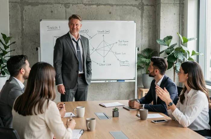 Manager présentant une stratégie à son équipe en salle de réunion, représentant les défis du leadership et de la gestion de carrière en entreprise