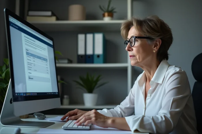 Mère de famille consultant le bulletin scolaire en ligne sur ordinateur à domicile