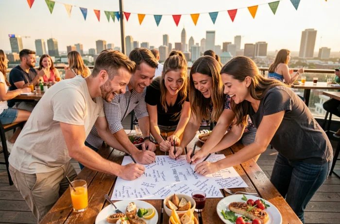 Groupe de cinq amis joyeux sur une terrasse de toit signant ensemble une grande carte postale partagée, illustrant un message collectif pour un groupe d'amis