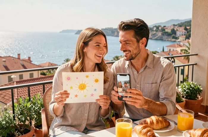 Couple souriant sur un balcon en bord de mer tenant une carte postale décorée à la main tout en appelant leurs enfants en vidéo chez les grands-parents