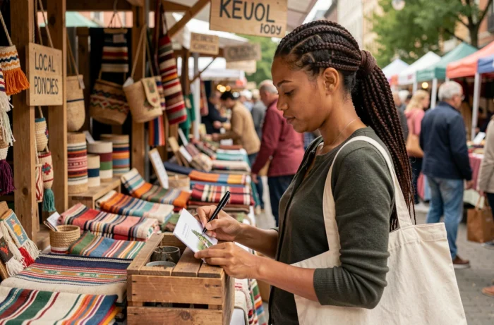 Femme engagée écrivant une carte postale dans un marché artisanal équitable, illustrant un message engagé pour un ami voyageur