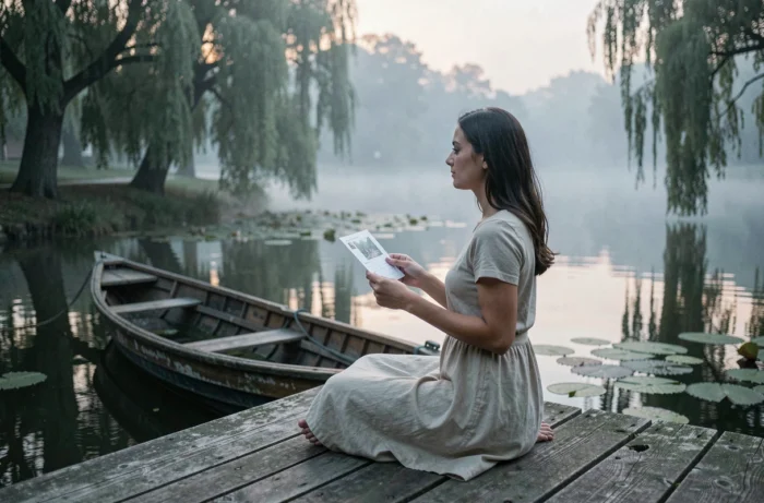 Femme pensive sur un ponton en bois au bord d'un lac brumeux tenant une carte postale ouverte, incarnant un message poétique pour un être cher