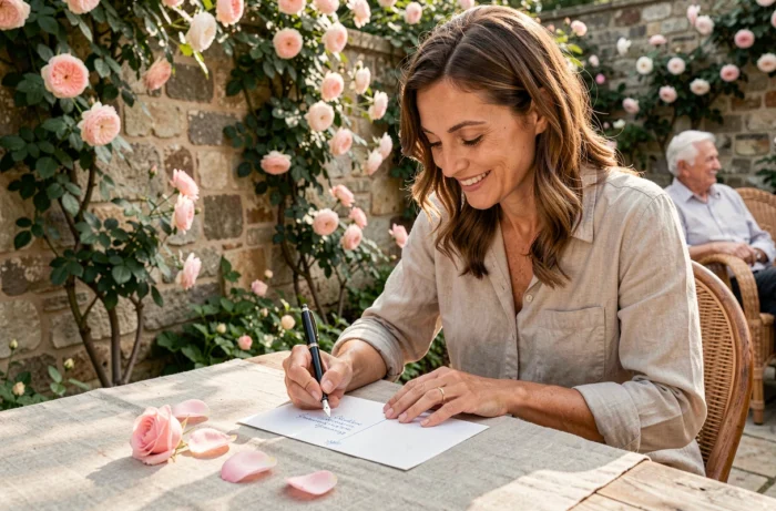 Femme rédigeant avec tendresse une carte postale manuscrite dans un jardin de campagne, avec des grands-parents floutés en arrière-plan