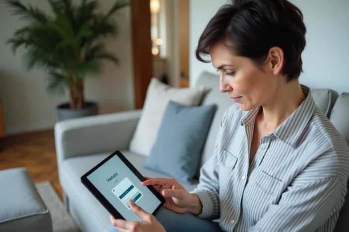 Femme accédant à sa messagerie Wanadoo sur une tablette dans un salon d'appartement moderne