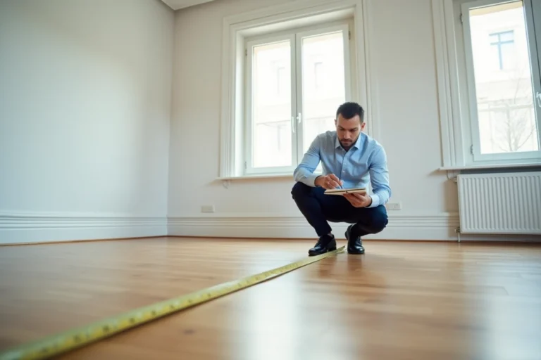 Homme mesurant la surface habitable d'un appartement vide avec un mètre ruban pour déclaration fiscale