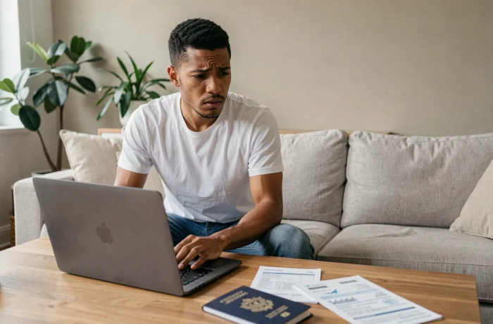 Personne utilisant un ordinateur portable pour modifier une réservation de vol après un changement de numéro de passeport, entourée de documents de voyage