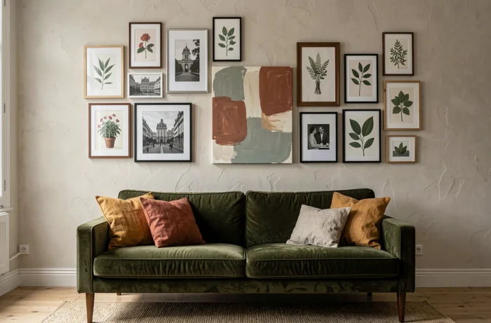 Mur galerie décoratif avec cadres botaniques et canapé en velours olive dans un appartement parisien
