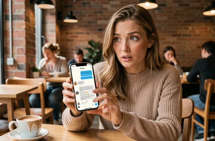 Femme découvrant des notifications ou des conversations séparées de Messenger sur son téléphone dans un café