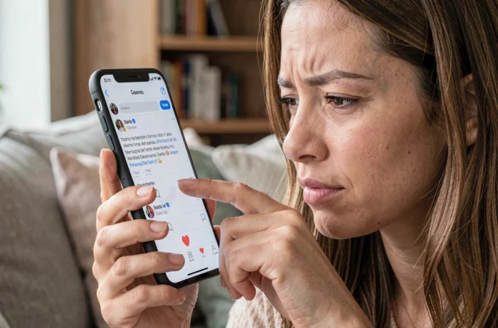 Femme scrutant l'icône Rencontres dans l'interface d'une application de réseau social sur son smartphone