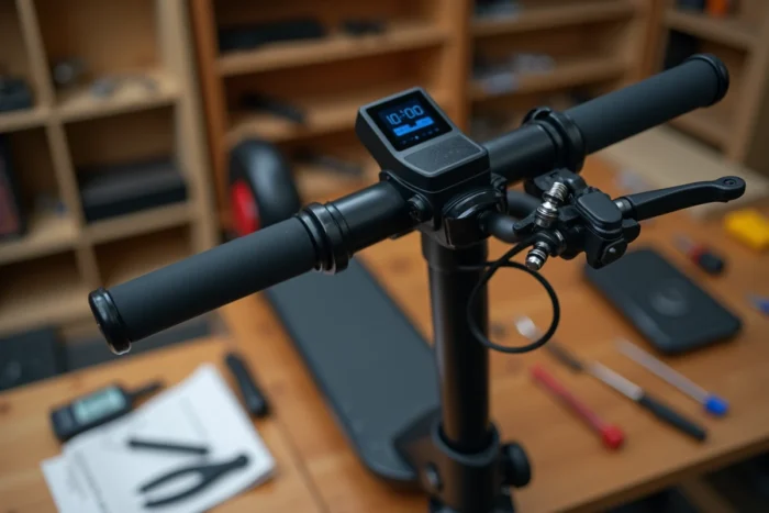Gros plan sur les outils et le guidon d'une trottinette Urban Glide posés sur un établi en bois