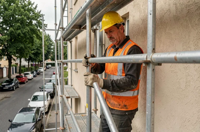 Ouvrier professionnel debout sur un échafaudage tubulaire en acier contre une façade résidentielle, portant casque jaune et gilet haute visibilité