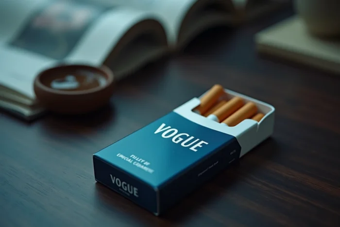 Paquet de cigarettes Vogue bleu ouvert avec deux cigarettes sortantes posé sur bois sombre en gros plan