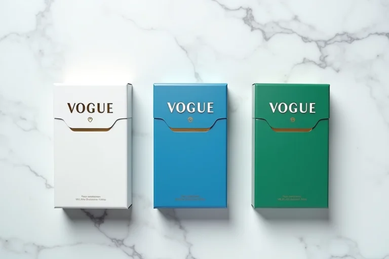 Trois paquets de cigarettes Vogue de couleurs différentes arrangés côte à côte sur marbre blanc pour comparer leurs variantes