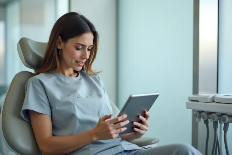 Patiente dans un fauteuil dentaire lisant des avis en ligne sur une tablette dans un cabinet dentaire moderne