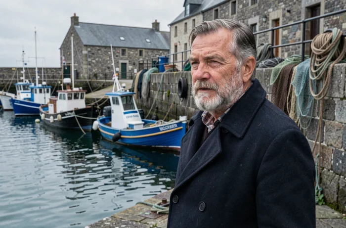 Pêcheur breton contemplatif sur un quai de port en Morbihan, symbole de la préservation des ressources maritimes et du patrimoine côtier breton